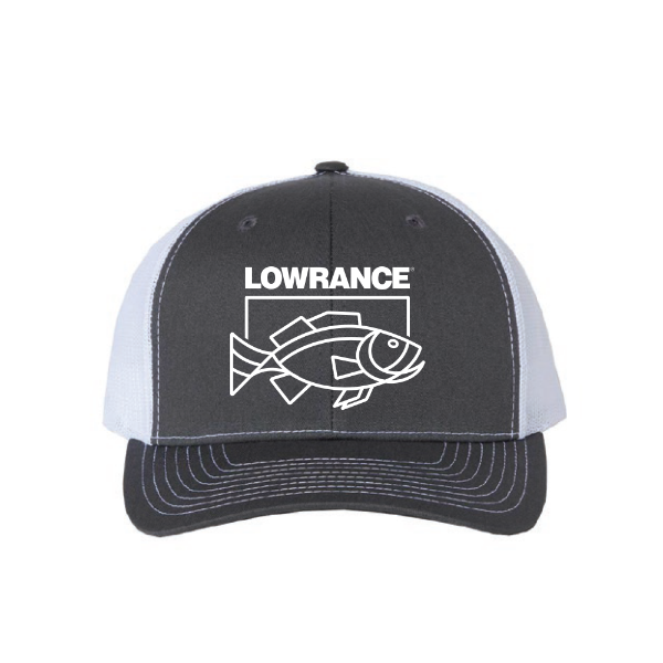 Front view of the grey Born-to-Fish hat featuring an embroidered "Lowrance" logo above a digital-inspired bass design.