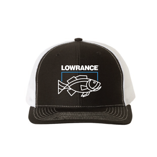 Front view of the Black Born-to-Fish hat featuring an embroidered "Lowrance" logo above a digital-inspired bass design.