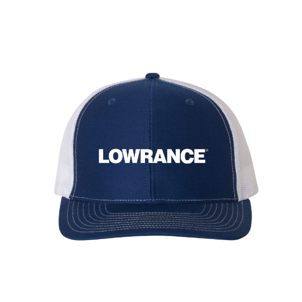 Front view of the Lowrance Logo Hat featuring an embroidered "Lowrance" logo.