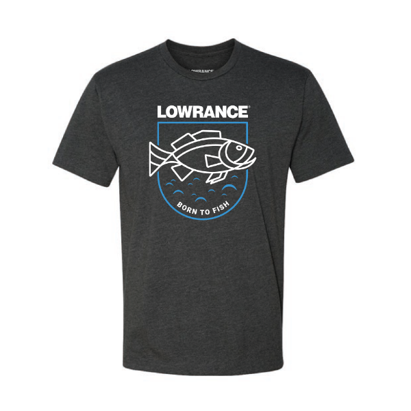 Front view of the Born-to-Fish T-Shirt featuring a blue and white design with the Lowrance logo, a digital-inspired bass, and the phrase "Born to Fish" on a black tee.