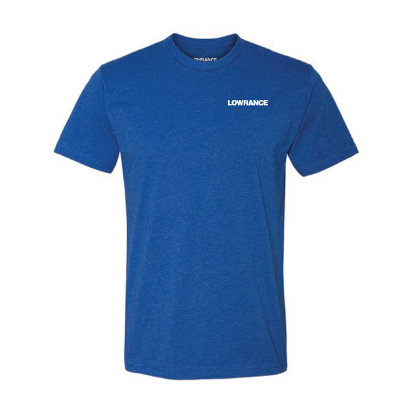 Front view of the blue Sonar T-Shirt featuring a bold white Lowrance logo on the chest.