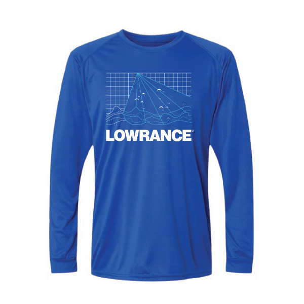 Front view of the blue Long Sleeve Sonar T-shirt featuring a two-color geometric sonar-inspired design stacked above the white Lowrance logo across the entire chest.