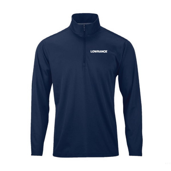 Front view of the Lowrance Quarter-Zip Pullover in navy Paragon fabric, featuring a white Lowrance logo on the left chest.