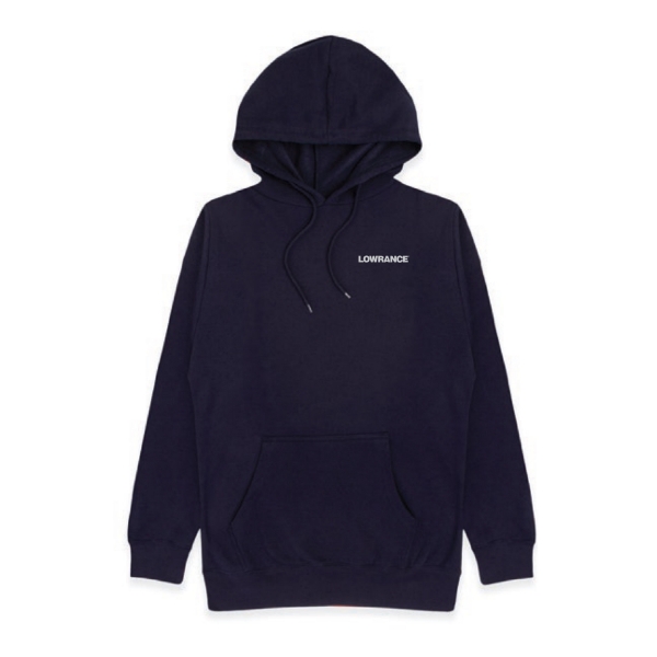 Image of the Lowrance Navy Hoodie with the white Lowrance logo on the left chest