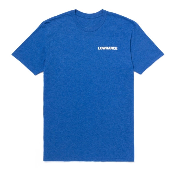Front view of the blue Sonar T-Shirt featuring a bold white Lowrance logo on the chest.
