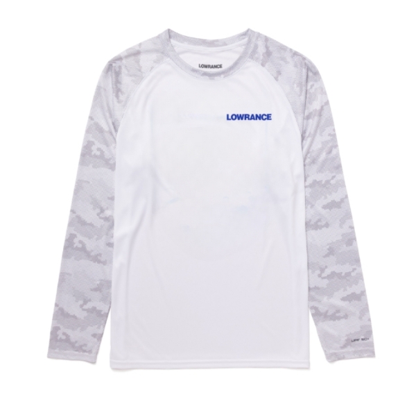 Front view of the Born to Fish Performance Shirt featuring blue Lowrance left crest logo