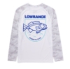 Back view of the Born to Fish Performance Shirt showcasing a two-color geometric bass-inspired design stacked below a blue Lowrance logo.