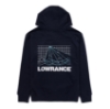 Image of the Lowrance Navy Hoodie with white Lowrance graphic design on the back