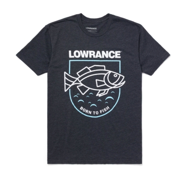 Front view of the Born-to-Fish T-Shirt featuring a blue and white design with the Lowrance logo, a digital-inspired bass, and the phrase "Born to Fish" on a black tee.