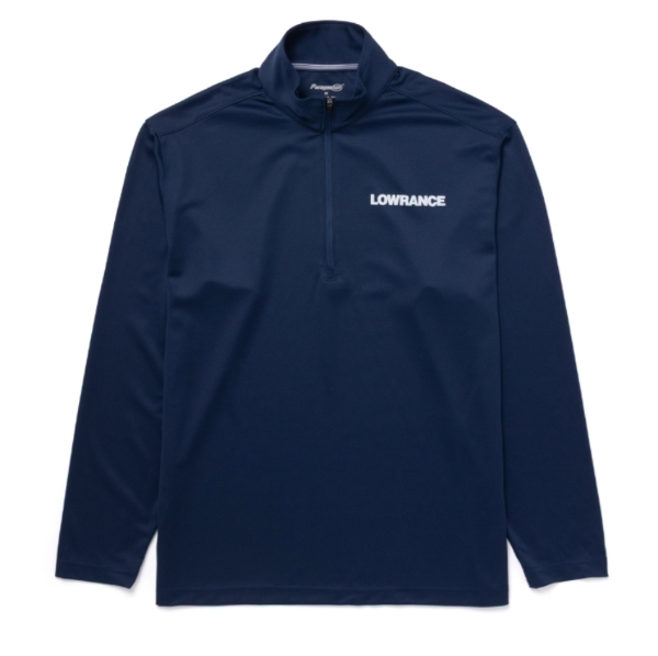 Front view of the Lowrance Quarter-Zip Pullover in navy Paragon fabric, featuring a white Lowrance logo on the left chest.