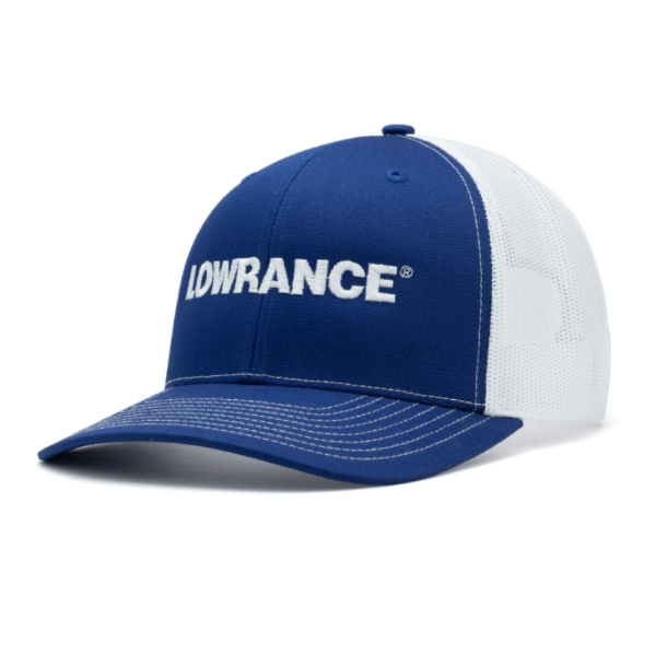 Front view of the Lowrance Logo Hat featuring an embroidered "Lowrance" logo.