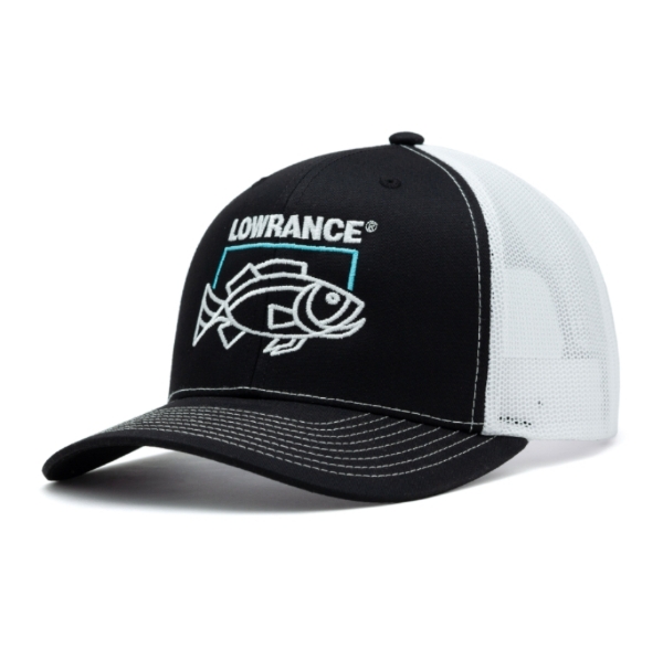 Front view of the Black Born-to-Fish hat featuring an embroidered "Lowrance" logo above a digital-inspired bass design.