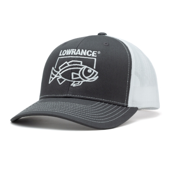 Front view of the grey Born-to-Fish hat featuring an embroidered "Lowrance" logo above a digital-inspired bass design.