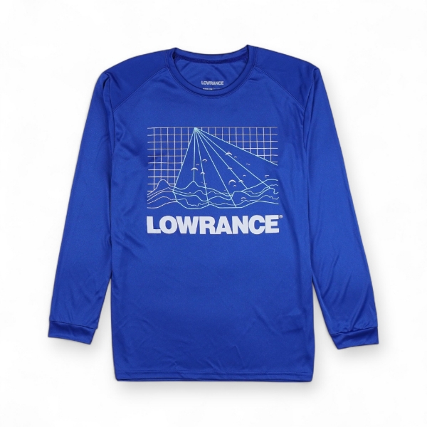 Front view of the blue Long Sleeve Sonar T-shirt featuring a two-color geometric sonar-inspired design stacked above the white Lowrance logo across the entire chest.