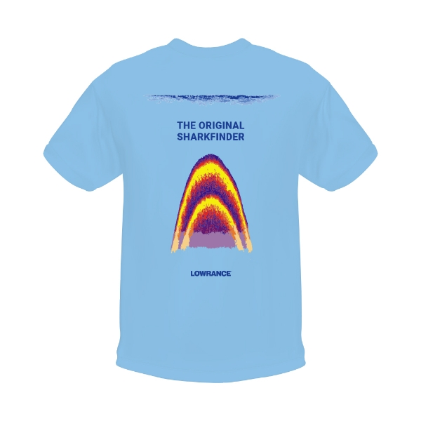 Blue short-sleeve t-shirt with a bold shark fin sonar graphic on the back, featuring the Original Sharkfinder design from Lowrance