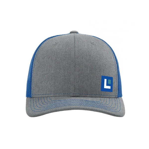 We Make Fishing Mesh Hat with gray front, blue mesh back, Lowrance logo