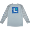 Back view of a white Lowrance performance long‑sleeve shirt featuring light gray camo sleeves and a large Lowrance square logo graphic centered on the back.
