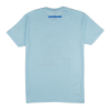 Back view of a light blue T‑shirt featuring a small blue Lowrance logo centered near the upper back.