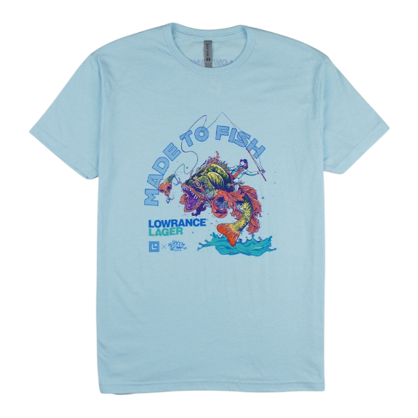 Front view of a light blue T‑shirt with a large ‘Made To Fish’ graphic showing an illustrated fishing scene and a Lowrance logo beneath it.