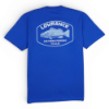 Back view of a royal blue T‑shirt with a large fishing‑themed Lowrance graphic reading 'We Make Fishing – Tulsa, OK.