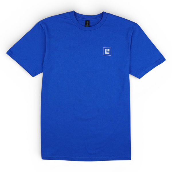 Front view of a royal blue T‑shirt featuring a small Lowrance square logo on the left chest.