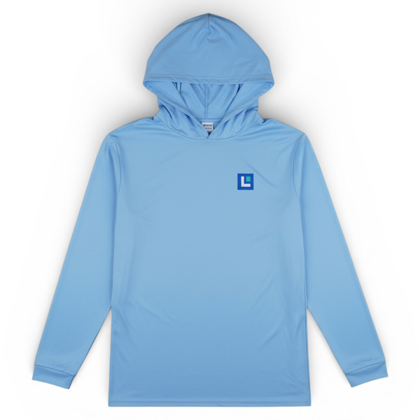 Front view of a light blue performance hoodie with long sleeves and a small Lowrance square logo printed on the left chest.