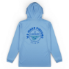 Back view of a light blue performance hoodie featuring a large circular Lowrance graphic with the text 'We Make Fishing – Tulsa OK.