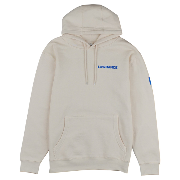 Front view of a cream hoodie with a blue Lowrance logo on the left chest, a sleeve logo on the left arm, and a front pouch pocket.