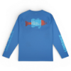 Back view of a blue performance long‑sleeve shirt displaying a multicolor 'We Make Fishing' graphic across the upper back.