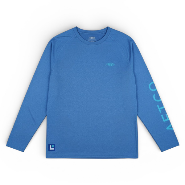 Front view of a blue performance long‑sleeve shirt featuring an AFTCO fish logo on the chest and Lowrance branding on the left sleeve.