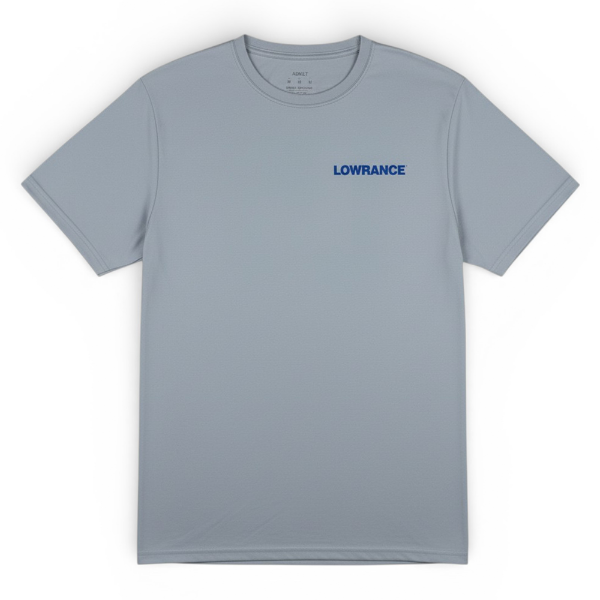 Front view of a silver performance T‑shirt featuring a small blue Lowrance logo on the left chest.