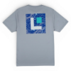 Back view of a silver performance T‑shirt with a large Lowrance square graphic over a blue topographic pattern.