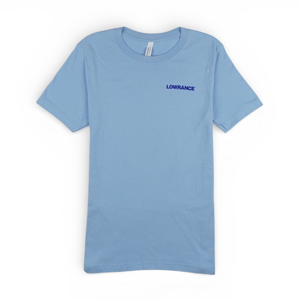 Front of the Original Sharkfinder tee with LOWRANCE text in blue