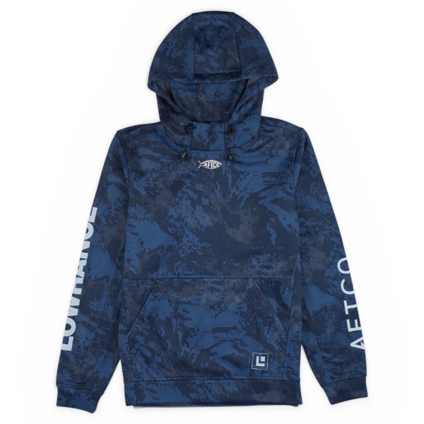 Blue camo AFTCO Reaper hoodie with LOWRANCE on sleeve with Lowrance logo on pocket
