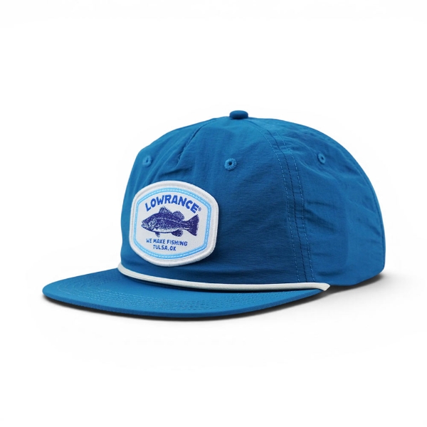 Blue Lowrance snapback hat with white front patch logo (side view)