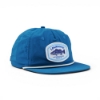 Lowrance blue flat brim hat with front patch logo