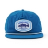 Front view of blue Lowrance hat with rectangular logo patch