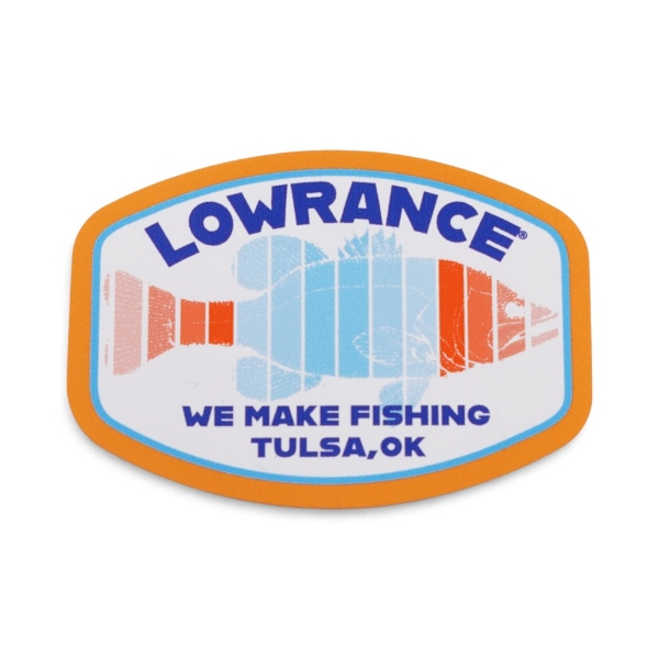 Lowrance Sonar Blue Bass Decal with abstract blue and orange fish graphic, Lowrance logo, and “We Make Fishing Tulsa, OK” text.