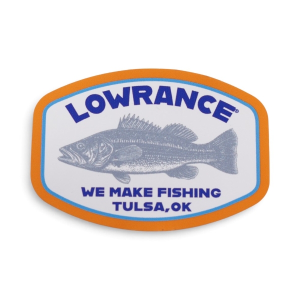 LOWRANCE Bass Decal with fish illustratoin and WE MAKE FISHING TULSA, OK text