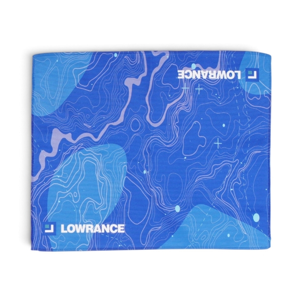 Blue Lowrance towel with coastal chart map print and white logo, fully unfolded