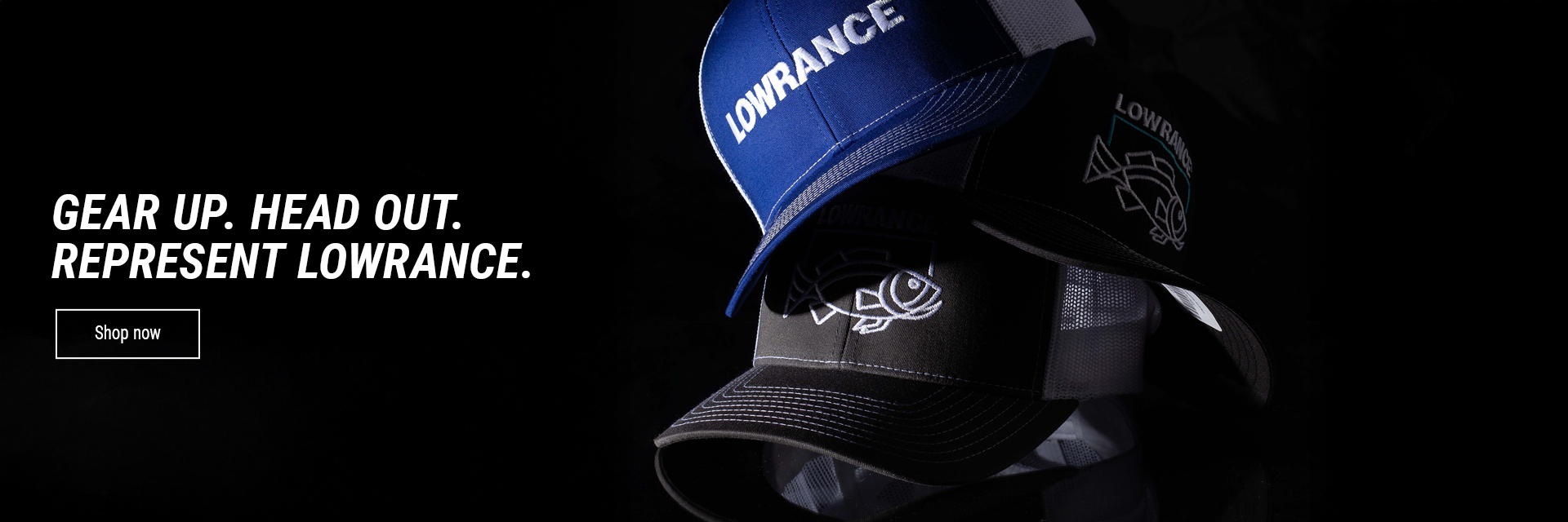Photo of Lowrance hats. Gear up. Head out. Represent Lowrance. Shop Now.