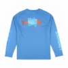 Back view of a blue performance long‑sleeve shirt displaying a multicolor 'We Make Fishing' graphic across the upper back.