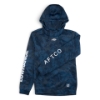 Navy camo Lowrance AFTCO Reaper hoodie with hood up, side angle, showing sleeve branding.