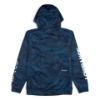 Navy camo Lowrance AFTCO Reaper hoodie, back view, showing full camo pattern and sleeve branding.