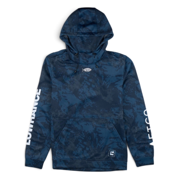 Blue camo AFTCO Reaper hoodie with LOWRANCE on sleeve with Lowrance logo on pocket