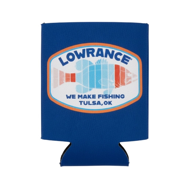 Front of Sonar Blue Bass Koozie showing Lowrance logo and sonar fish design.