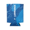Blue Lowrance koozie with coastal chart map design, side view